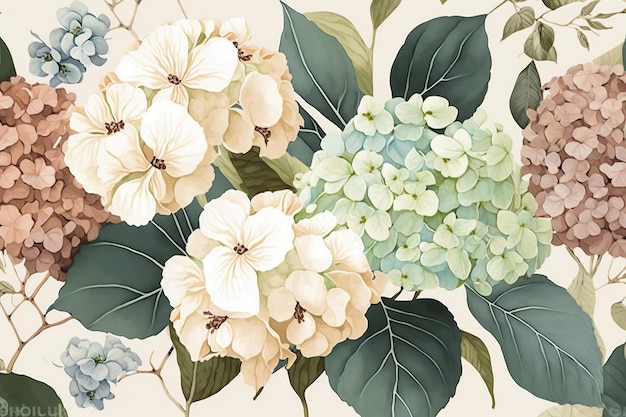 Delikatny kwiatowy wzór akwareli na jasnym tle kwiaty hortensji i zielone liście miękkie kolory styl boho na jasnym tle kwiatowy styl vintage wesele miejsce na tekst Generative AI