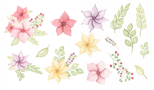 Delikatny ładny zestaw kwiatów, bukiet kwiatów, clipart zieleni, akwarela ręcznie rysowane florals.