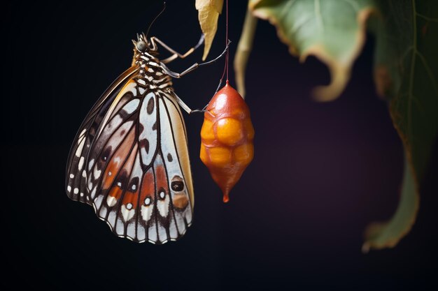 Zdjęcie delikatny motyl wyłaniający się z chrysalis rozciągający skrzydła, aby ujawnić oszałamiające wzory i odcienie generatywna sztuczna inteligencja