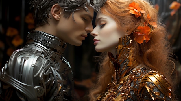Delikatny pocałunek zmysłowej pary dziewczyny i chłopca w pięknym makijażu i świątecznym stroju fantazji wygenerowanym przez sztuczną inteligencję