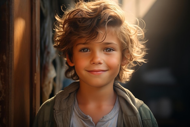 Delikatny portret uroczego jasnowłosego chłopca w wieku 9 lat