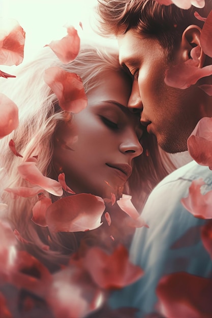 Delikatny uścisk zakochanego mężczyzny i kobiety Wielokrotna ekspozycja z płatkami róż Szablon okładki powieści miłosnej Szablon okładki powieści miłosnej Generacyjna pionowa ilustracja AI