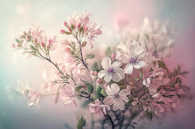 Delikatny wiosenny bukiet jasnopastelowych różowych kwiatów na niewyraźnym tle utworzonym za pomocą generatywnego a