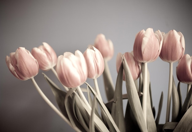 delikatny wiosenny bukiet kwiatów tulipanów w zbliżeniu na neutralnym tle