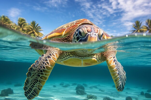 Delikatny żółw morski szybujący w czystych wodach