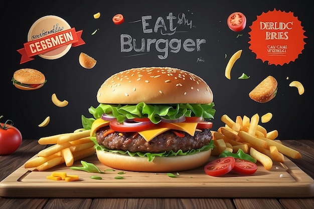 Deluxe king size reklamy hamburgerów z smacznymi dodatkami na tle tablicy w ilustracji 3D