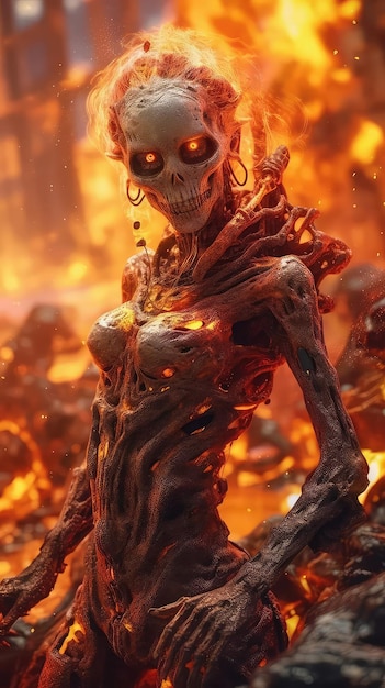 Demon ognia to kobieta z płonącą twarzą i ogniem w oczach.