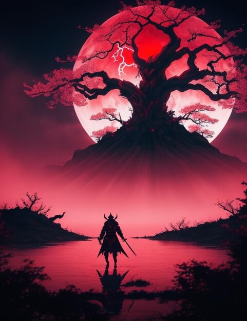 Demon otoczony czerwoną aurą spaceruje po oświetlonym księżycem jeziorze, za którym stoi drzewo Sakura