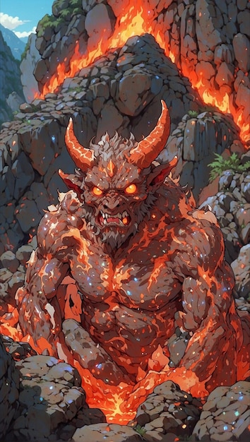 Demonio antiguo en anime forma tallada en roca volcanica magma ojos de furia caldera pierwotna