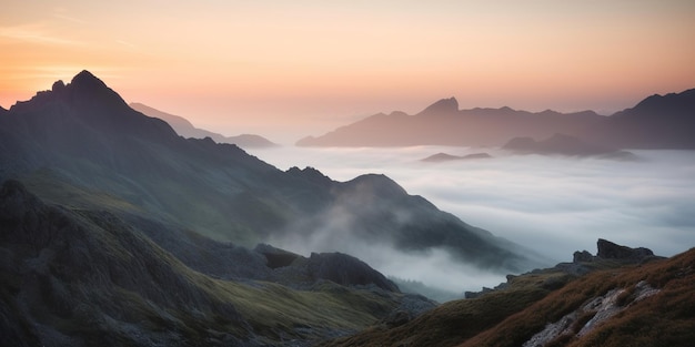 Dence mgła w wysokich górach widok z góry ze szczytu generatywnej ai wysokich gór