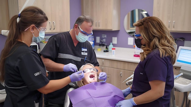 Dentist memeriksa gigi pasien dengan cermat Perawat gigi membantu dokter gigi dengan memegang alatalat yang dibutuhkan
