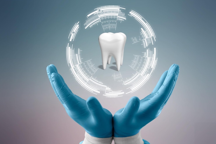 Zdjęcie dentysta patrzy na ząb. koncepcja innowacyjnych technologii, medycyny przyszłości,