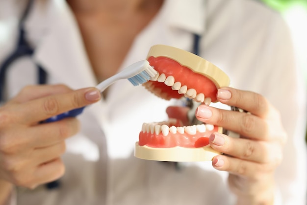 Dentysta pokazuje pacjentowi, jak myć zęby z bliska lekarz demonstrujący szczoteczkę do zębów na dentystyce