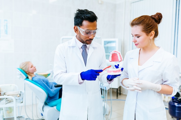 Dentysta pokazuje szczęka modela w klinice
