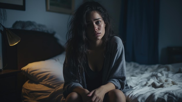 Depresyjna kobieta leżąca w łóżku nie może spać późno rano z bezsennością