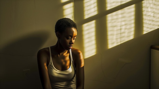 Depresyjna kobieta siedzi plecami do ściany w ciemnym pokoju ze świecącym światłem.