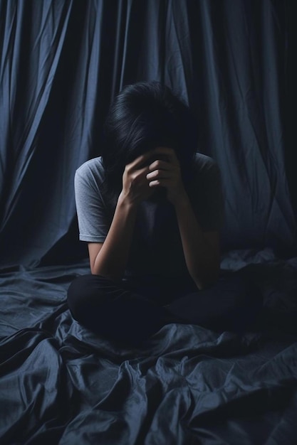 Depresyjny Azjat płaczący, zakrywający twarz rękami, siedzący na łóżku w nocy, zestresowany, zmartwiony.