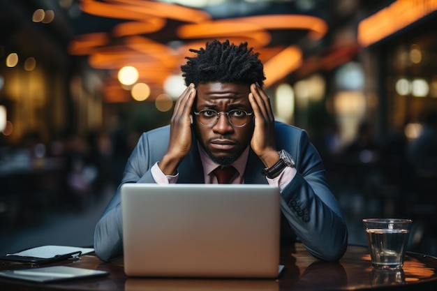 Depresyjny czarny Afroamerykanin pracujący na laptopie Biznesmen w garniturze trzymający głowę ręką Kryzys i bankructwo
