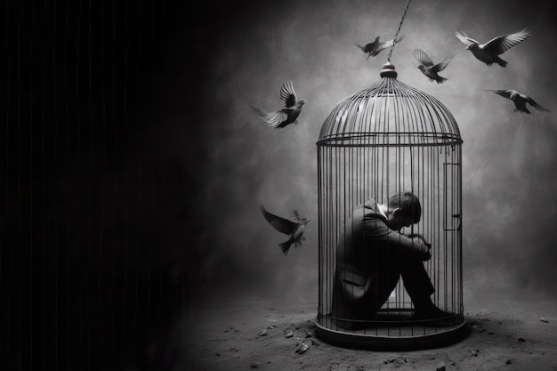 Depresyjny mężczyzna siedzący w klatce wśród ptaków latających na zewnątrz