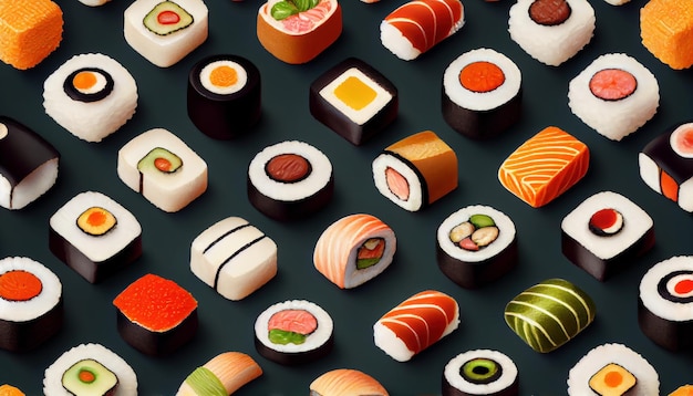 Deseń bez szwu z sushi Food abstract background Sushi na czarnym tle Al generowane