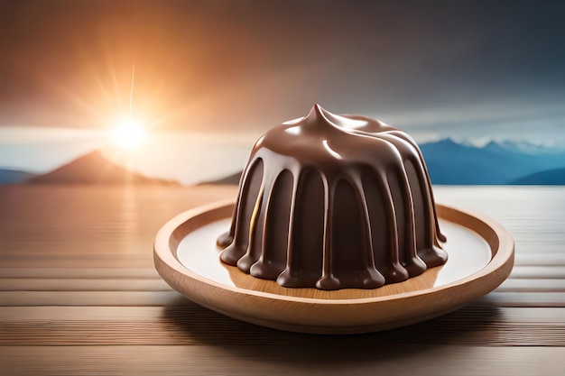 Deser w czekoladzie na drewnianym stole z zachodem słońca w tle