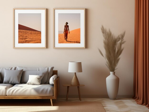 Desert Elegance AIGenerated Mockup Minimalistycznego Wnętrza z EFrame i Wall Art