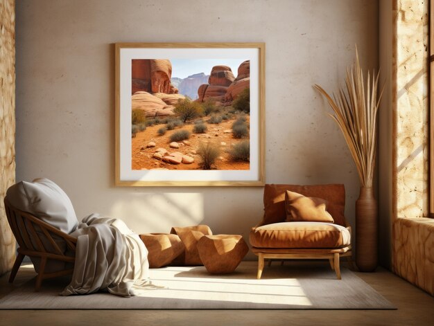 Desert Elegance AIGenerated Mockup Minimalistycznego Wnętrza z EFrame i Wall Art