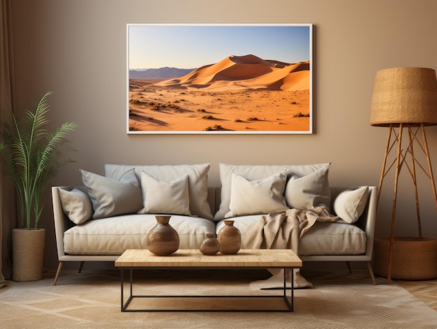 Desert Elegance AIGenerated Mockup Minimalistycznego Wnętrza z EFrame i Wall Art