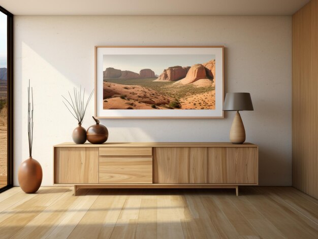 Desert Elegance AIGenerated Mockup Minimalistycznego Wnętrza z EFrame i Wall Art