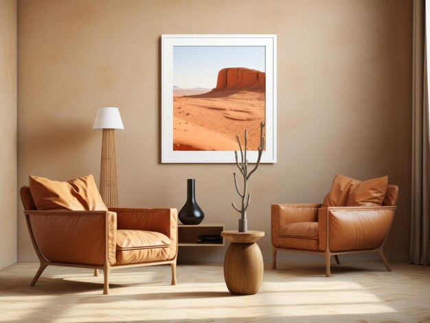 Desert Elegance AIGenerated Mockup Minimalistycznego Wnętrza z EFrame i Wall Art