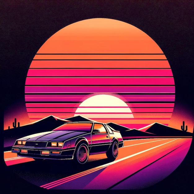 Desert Silhouette Retro Car na ekspedycji Sunset