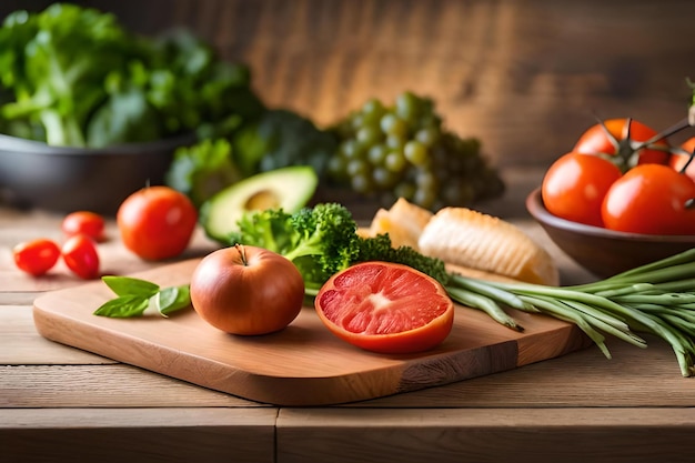 Deska do krojenia z warzywami i owocami na nim
