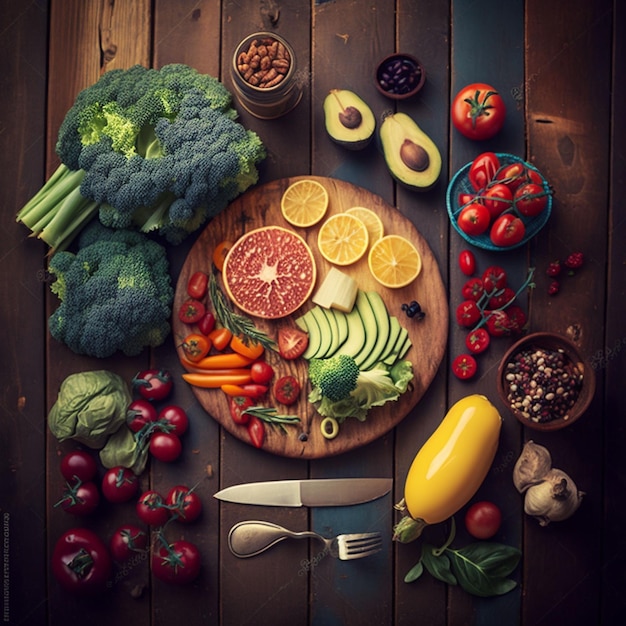 Deska do krojenia z warzywami i owocami, w tym brokułami, awokado, brokułami i innymi owocami.