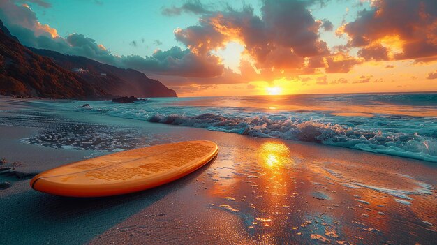 Deska do surfowania na plaży przy zachodzie słońca