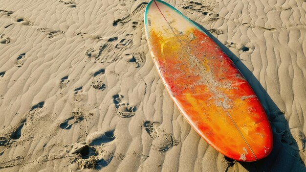 Zdjęcie deska do surfowania spoczywająca na plaży, gdy słońce zachodzi nad horyzontem