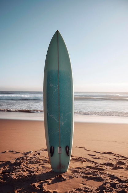 Deska surfingowa utknęła w piasku na plaży wygenerowanym przez sztuczną inteligencję