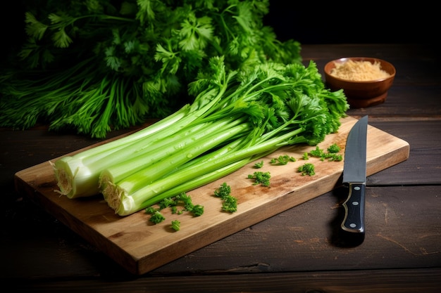Deska ze świeżym zielonym selerem i nożem na desce Surowy składnik przypraw do gotowania Generuj Ai