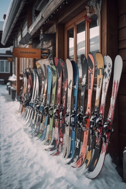 Deski snowboardowe przy drzwiach sklepu sportowego Koncepcja turystyki śnieżnej
