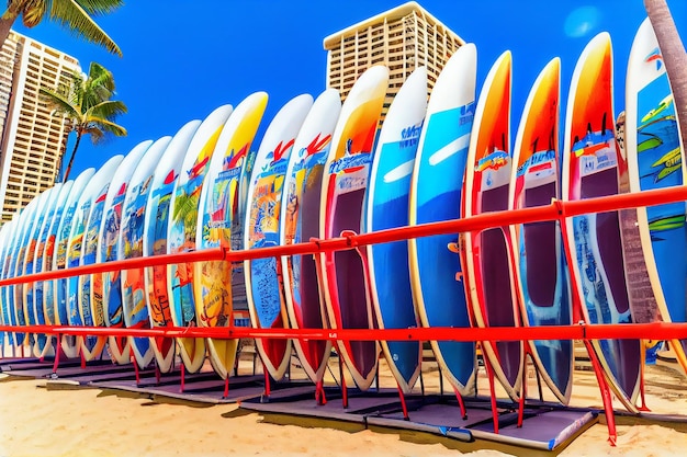 Zdjęcie deski surfingowe ustawione w stojaku na słynnej plaży wypożyczalnia miejsc do surfowania miejsce łapaczy fal dla surferów