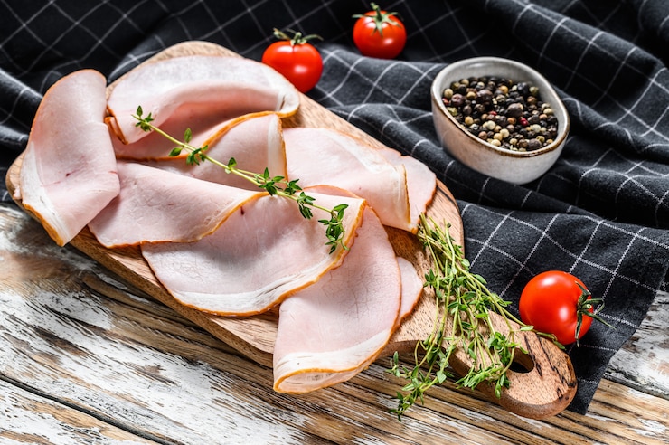 Zdjęcie deskowe plasterki wieprzowiny pastrami