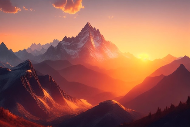 Desktop Wallpaper Widok niesamowitych górskich krajobrazów z złotym wschodem słońca