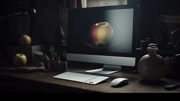Desktop z komputerem i jabłkiem na ekranie Generative AI