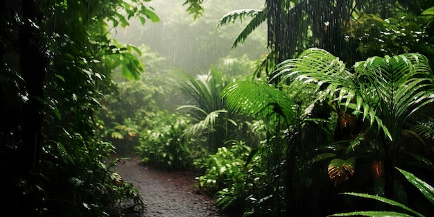 Deszcz pada w lesie deszczowym z kroplami deszczu Generative AI