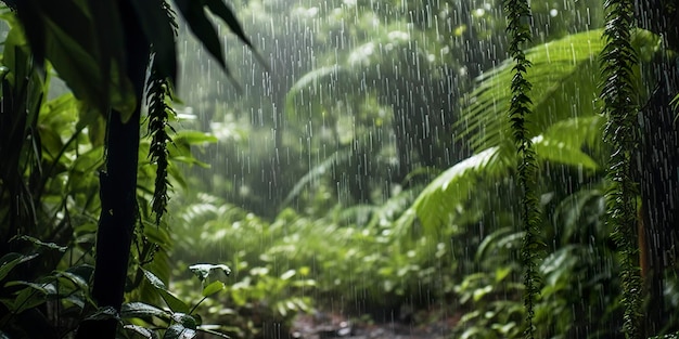 Deszcz pada w lesie deszczowym z kroplami deszczu Generative AI