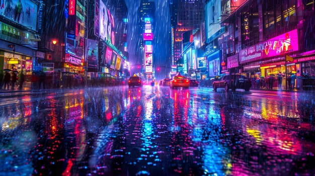 Deszcz przekształca ulicę w płótno odbijających się neonowych świateł.