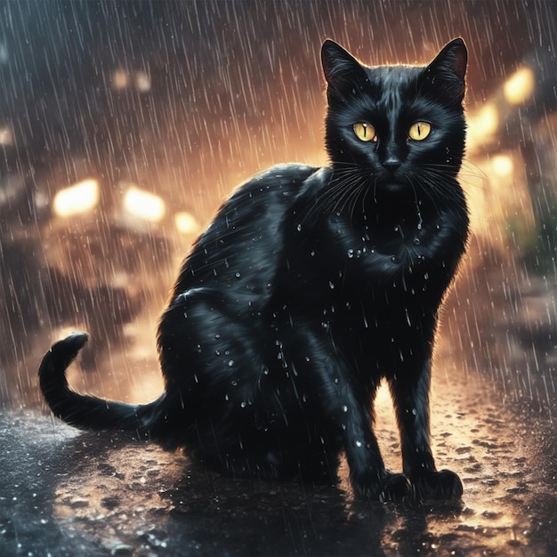 Deszcz skarbów czarnego kota Szczegółowy 4k