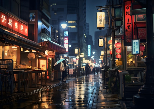 Deszczowa noc uliczna scena uliczna w Tokio Japonia