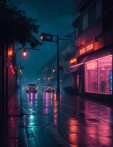 deszczowa noc z samochodem jadącym ulicą