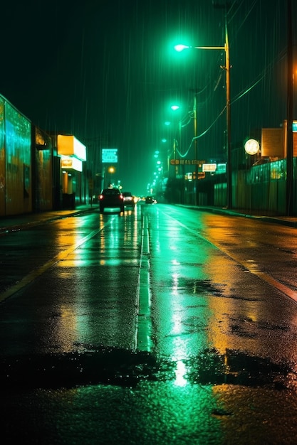 Deszczowa noc z zielonym światłem po prawej stronie.