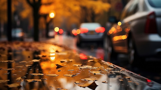 Deszczowa ulica w mieście jesienny wieczór żółte liście spadają na kałuży ruch samochodowy rozmyte światło